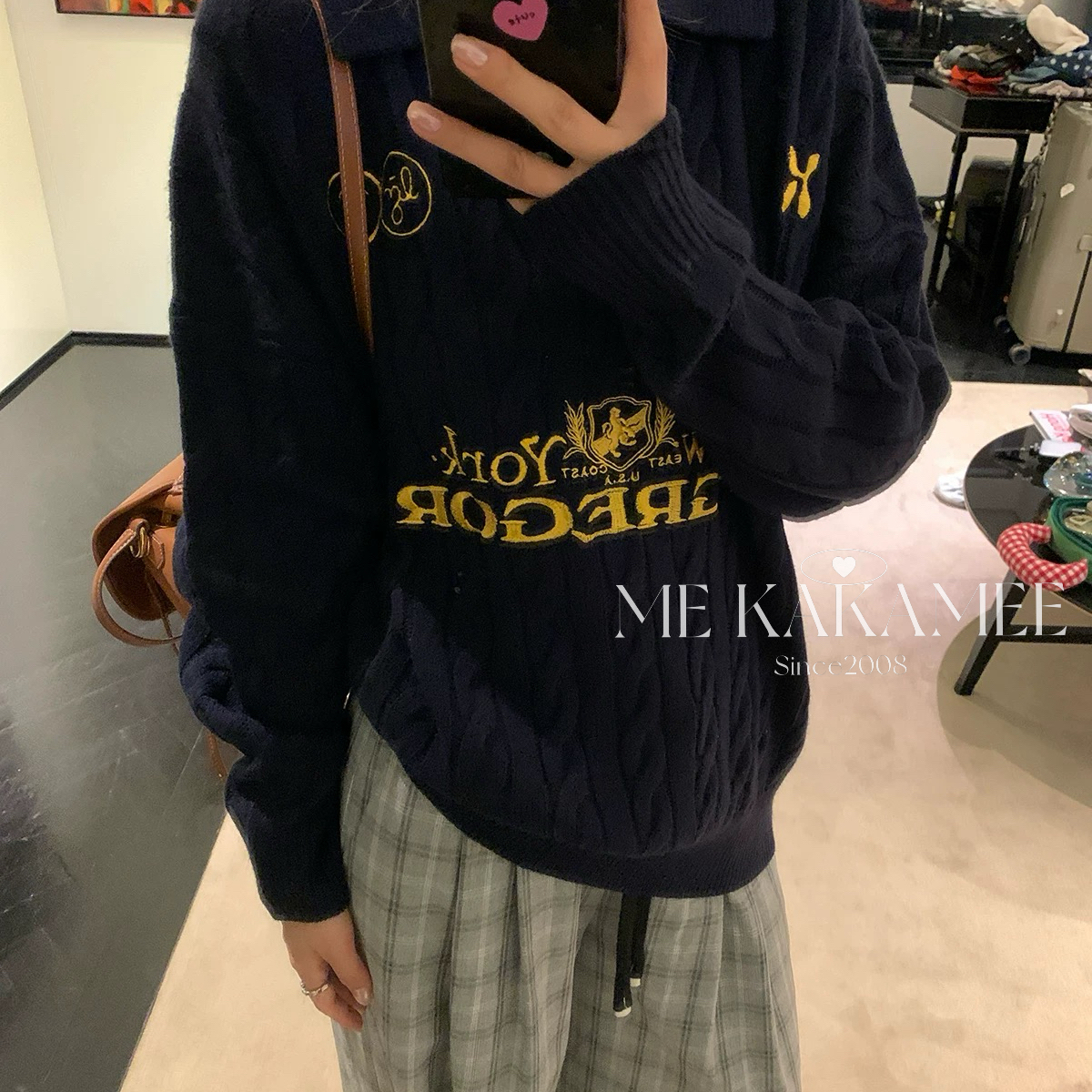 ME KAKAMEE新品美式刺绣条纹翻领宽松显瘦百搭保暖毛衣YS2S223