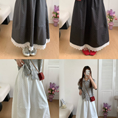 半身裙17236 高腰a字伞裙宽松中长款 ING 系蕾丝拼接波点女早春新款