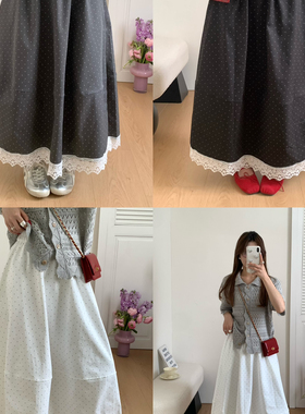 ING-系蕾丝拼接波点女早春新款高腰a字伞裙宽松中长款半身裙17236