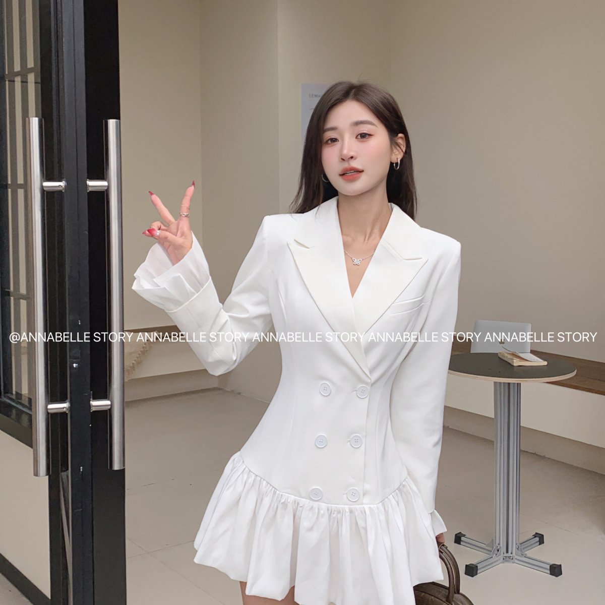 安娜贝拉小女人收腰荷叶边西装裙连衣裙A7786