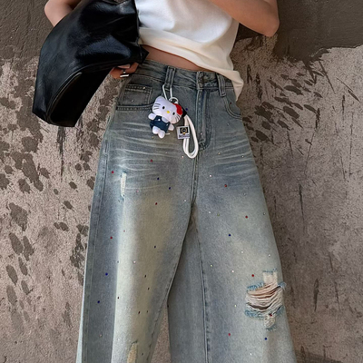 颜甄-26夏上新阔腿磨破烫钻宽松牛仔裤(配小熊挂件)1168a