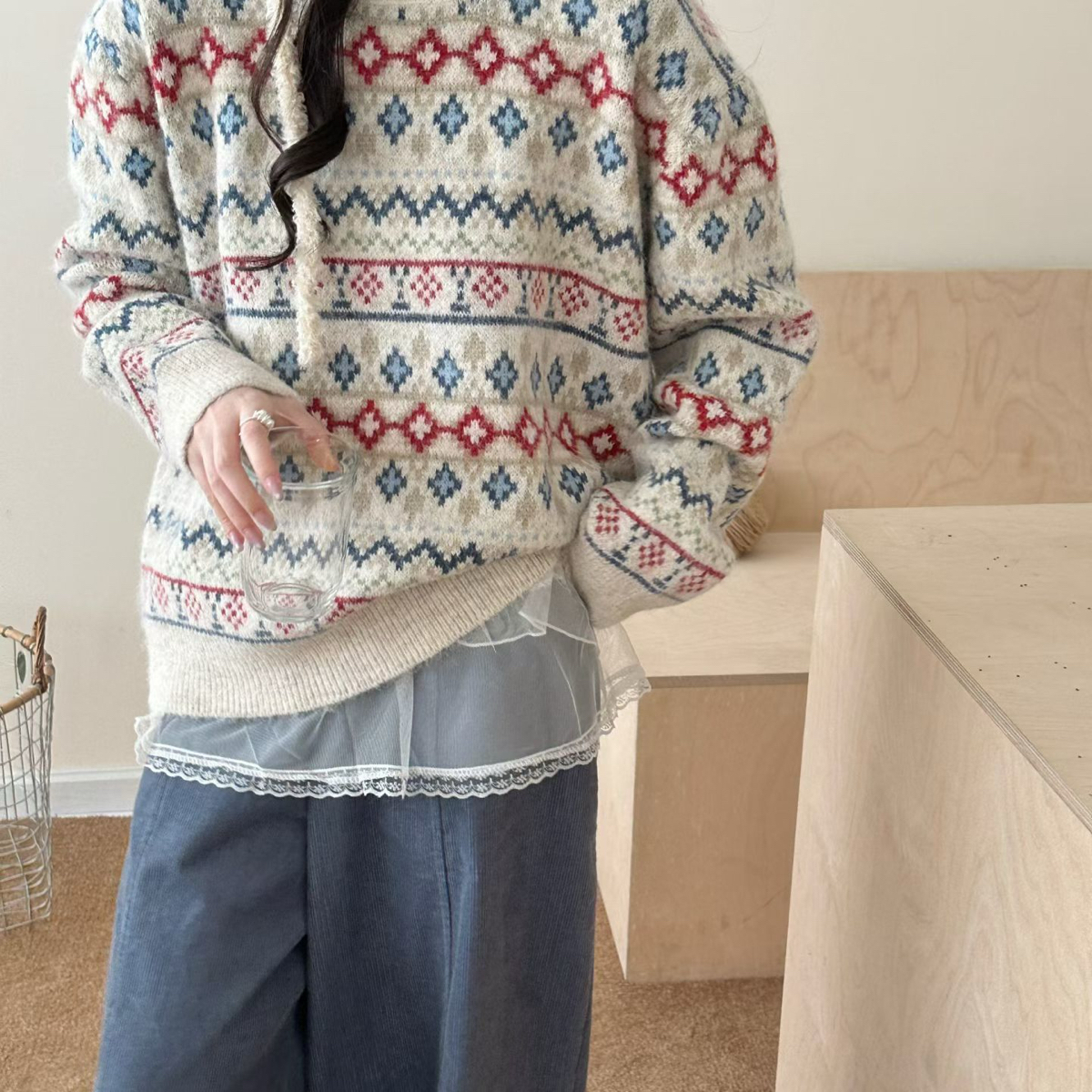 HEY BELLA-里韩气费尔岛复古提花甜美宽松厚实百搭保暖毛衣A1849