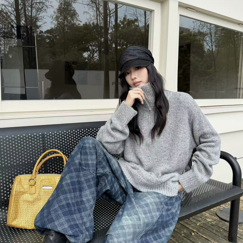 DTU-冬上新半拉链高领宽松慵懒风保暖毛衣（含42羊毛）34997