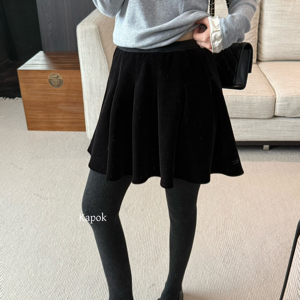 KAPOK-贵气感拿捏松紧腰A字金丝绒百褶短裙半身裙35066