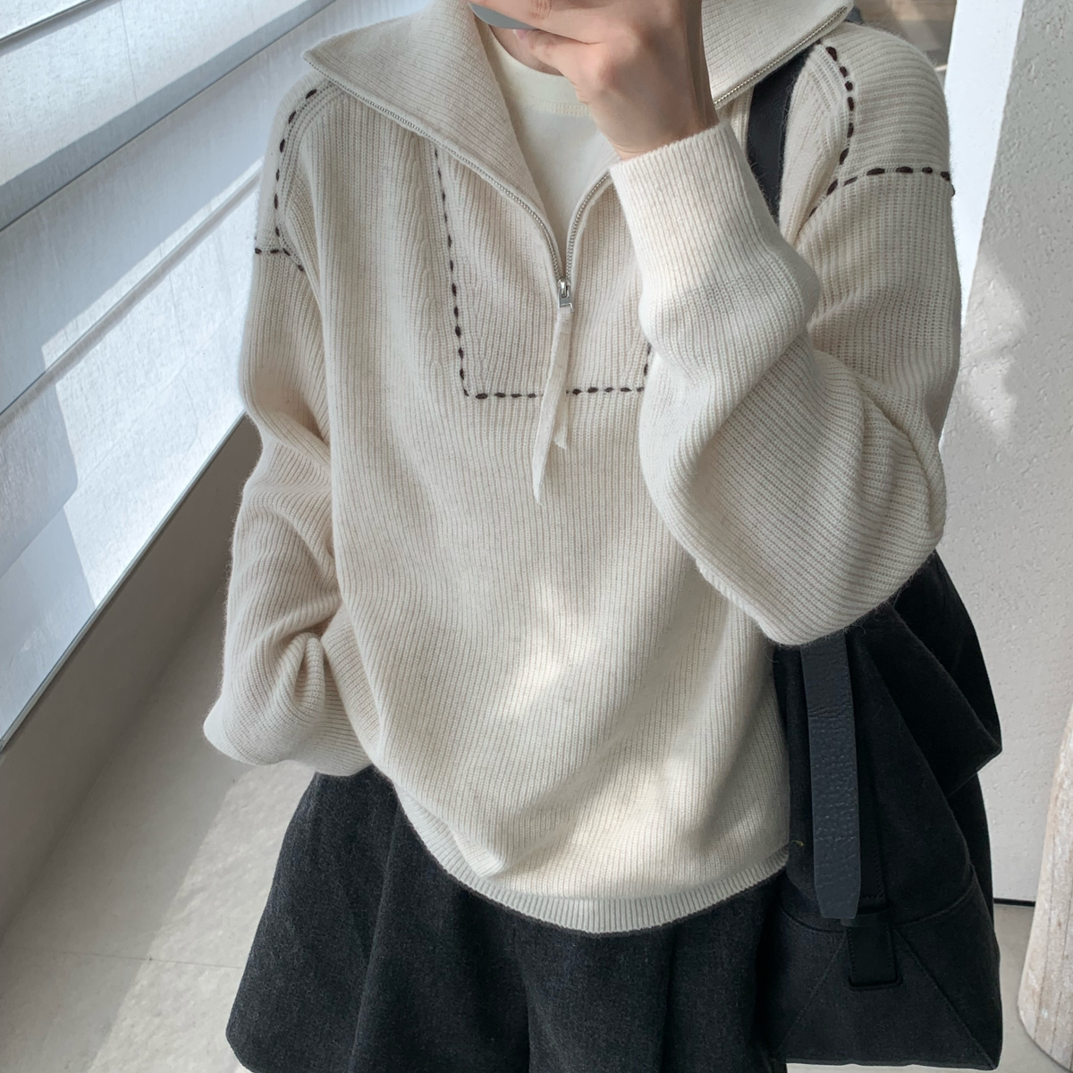 ē77-明线刺绣半拉链翻领羊绒毛衣软糯针织衫毛衣(含51绵羊毛)684