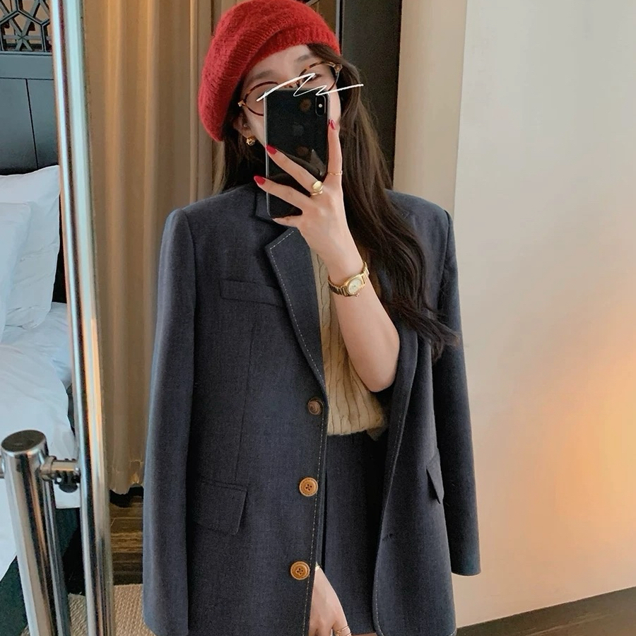 YJIA 伊嘉设计感小众廓形西装外套百褶半身裙两件套套装95085