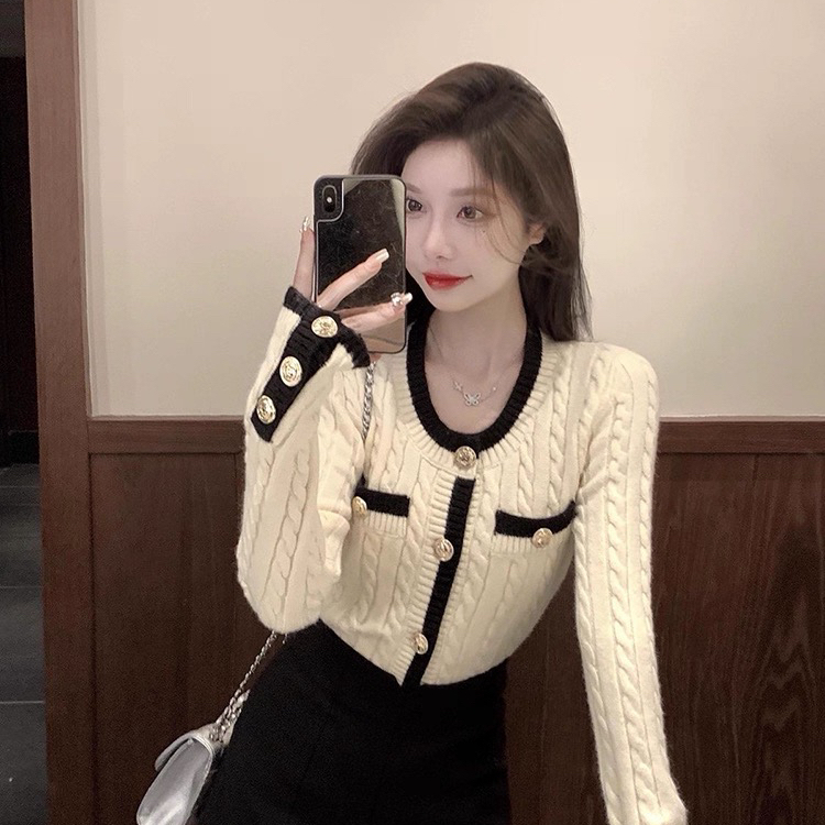 ARE STUDIO-小香风圆领拼色百搭针织开衫高级感显瘦保暖毛衣16822