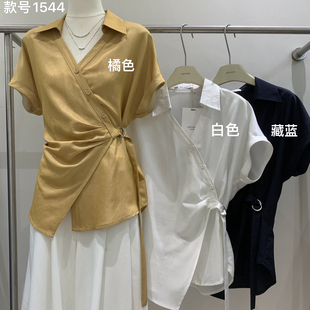 NICE叶好看 腰带不可拆 6年夏上新法式 衬衫 1544 简约V领短袖 LEAF