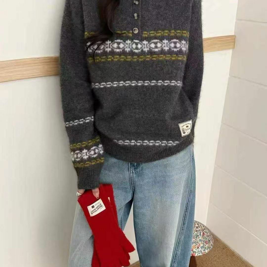 枝里YUNZHILI-领时尚复古提花百搭保暖毛衣（含20.4绵羊毛）97015