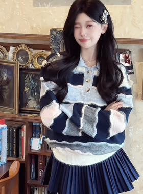 CXI-冬上新慵懒感宽松条纹翻领长袖保暖毛衣85980-1