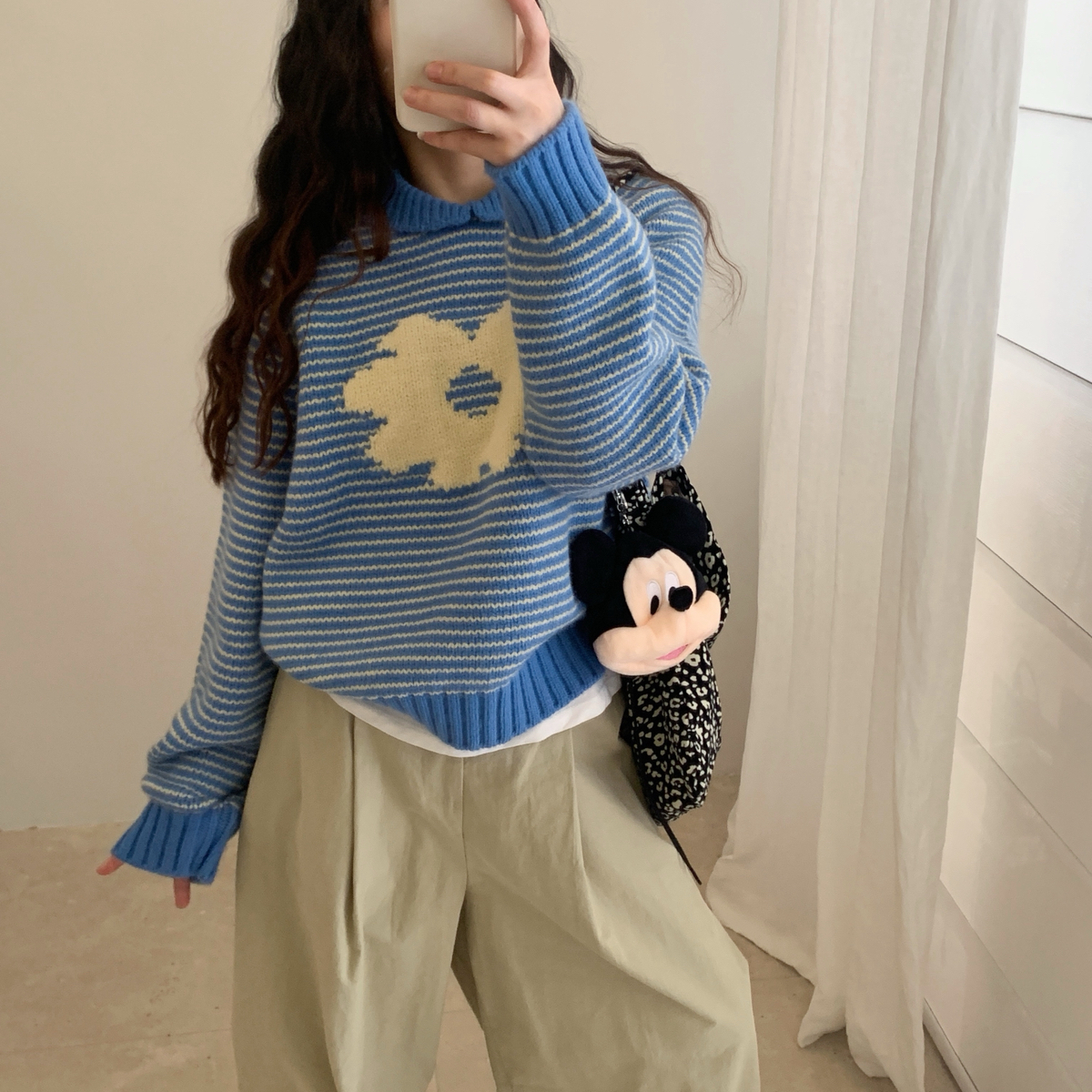 Find Time韩气花朵~爆款青果领撞色细条提花套头保暖毛衣L60817