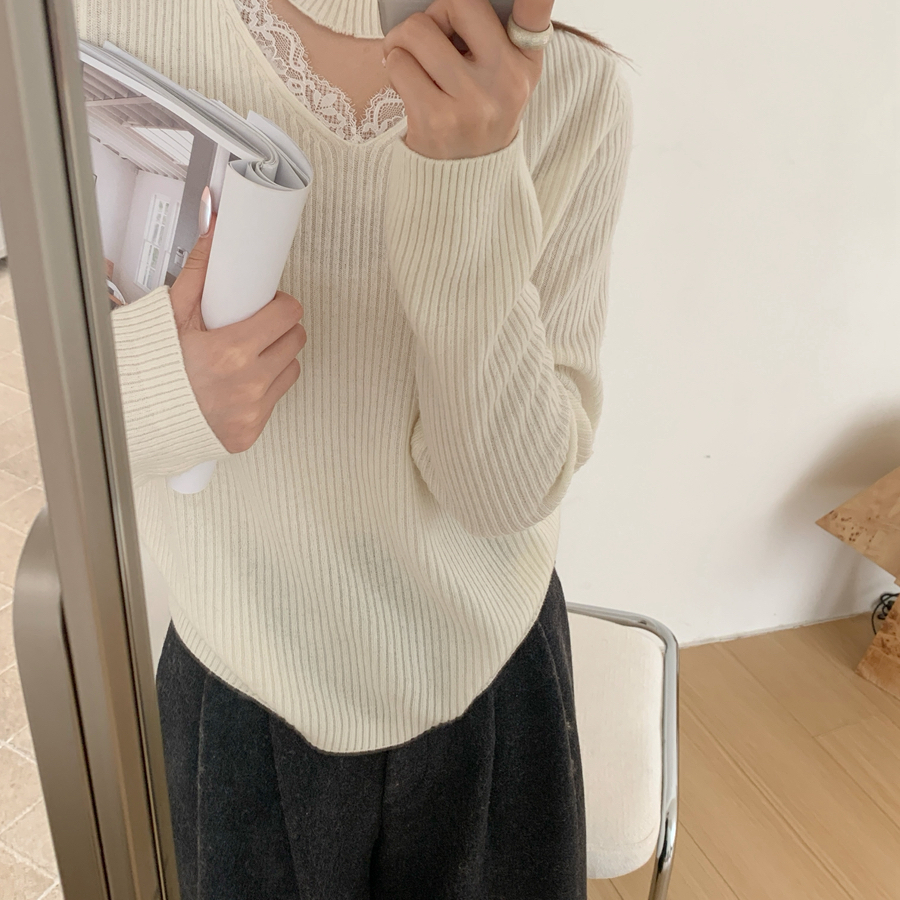 后 F H-厂家100羊毛蕾丝气质显瘦保暖毛衣（含100绵羊毛）W22591