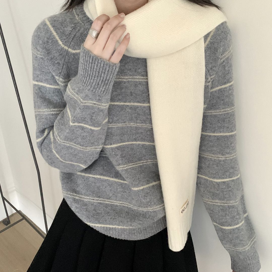 MORROW-条纹秋冬加厚插肩袖圆领套头保暖毛衣（含100羊毛）HS5836