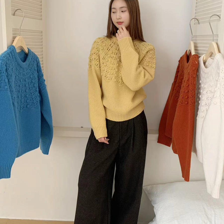 后 F H-羊毛钩花花朵设计感圆领针织衫保暖毛衣（含100羊毛）5227