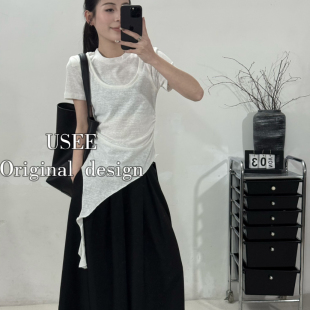 USEE T恤7363 26年夏上新极简风圆领不规则下摆假两件短袖