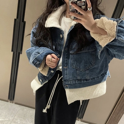 CXJ-里加绒加厚牛仔外套毛衣边拼接宽松显瘦短款夹克牛仔外套7348