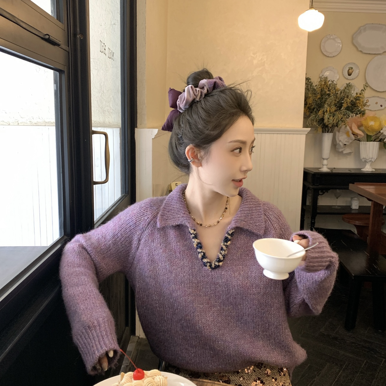 SAVAGE-风翻领织带拼接宽松软糯舒适加厚长袖针织保暖毛衣A18053