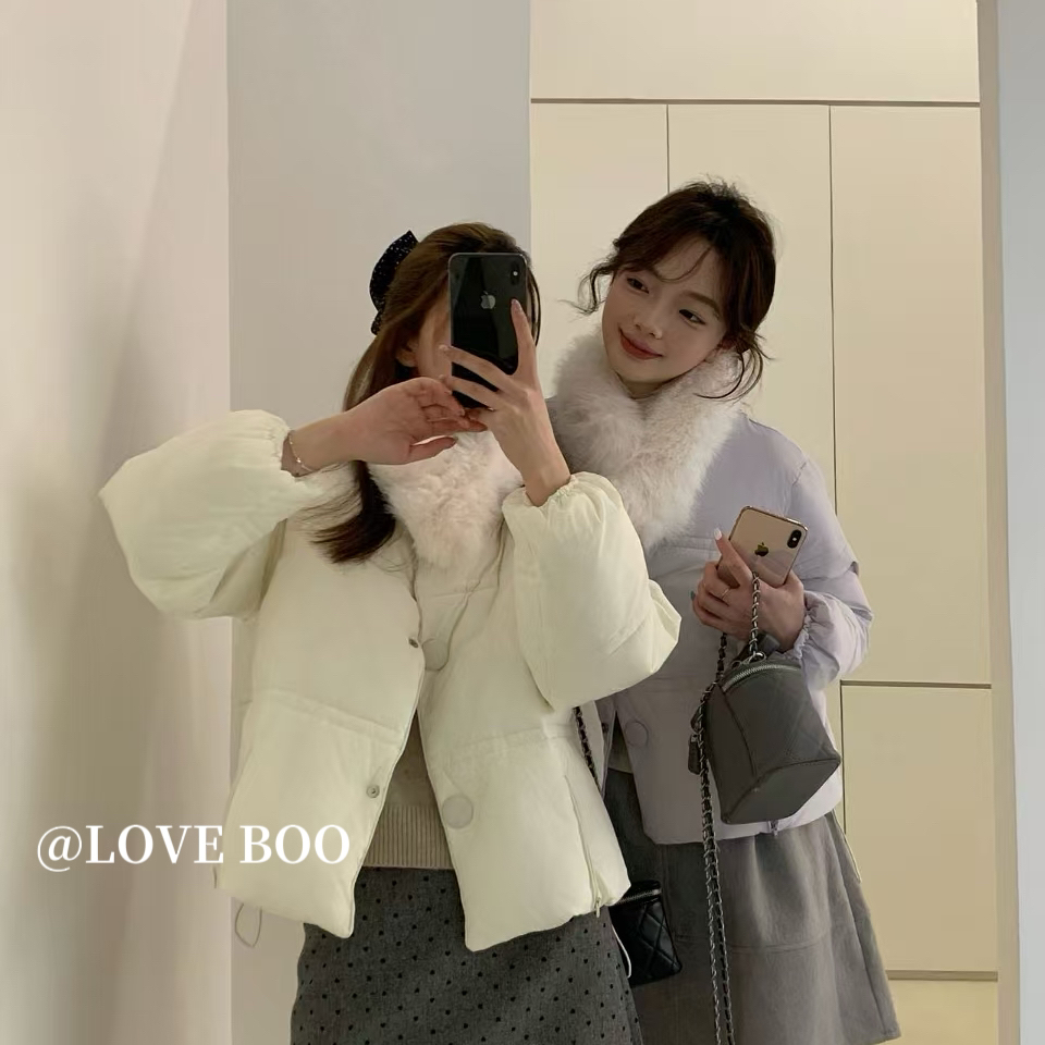 LOVE BOO-糯简约纯色百搭羽绒保暖棉服外套(配可拆人造毛领)L3940