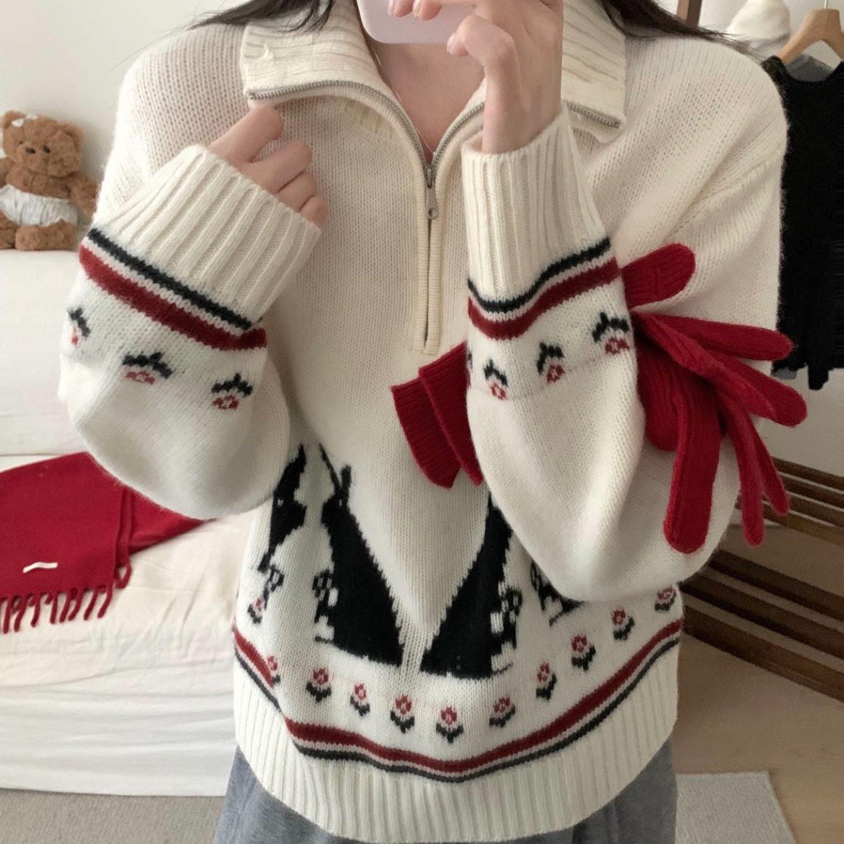 MORROW-秋冬氛围感兔兔提花半拉链保暖毛衣（含100绵羊毛）XY5278