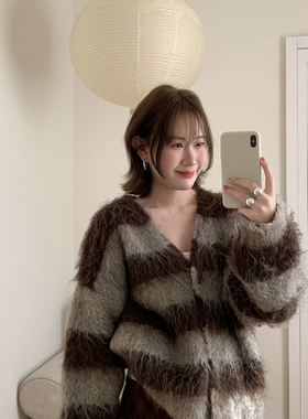 Flower & April-纹毛衣外套开衫女冬外穿长袖针织衫保暖毛衣90032