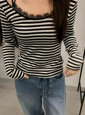 由米+-年春款韩版简约气质蕾丝拼接条纹长袖T恤(不含下装)YS33-36