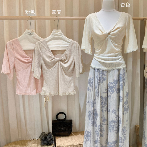 AS OFFICIAL-纯欲感的神必囤3色蕾丝边v领纽结小衫(含8亚麻)28593