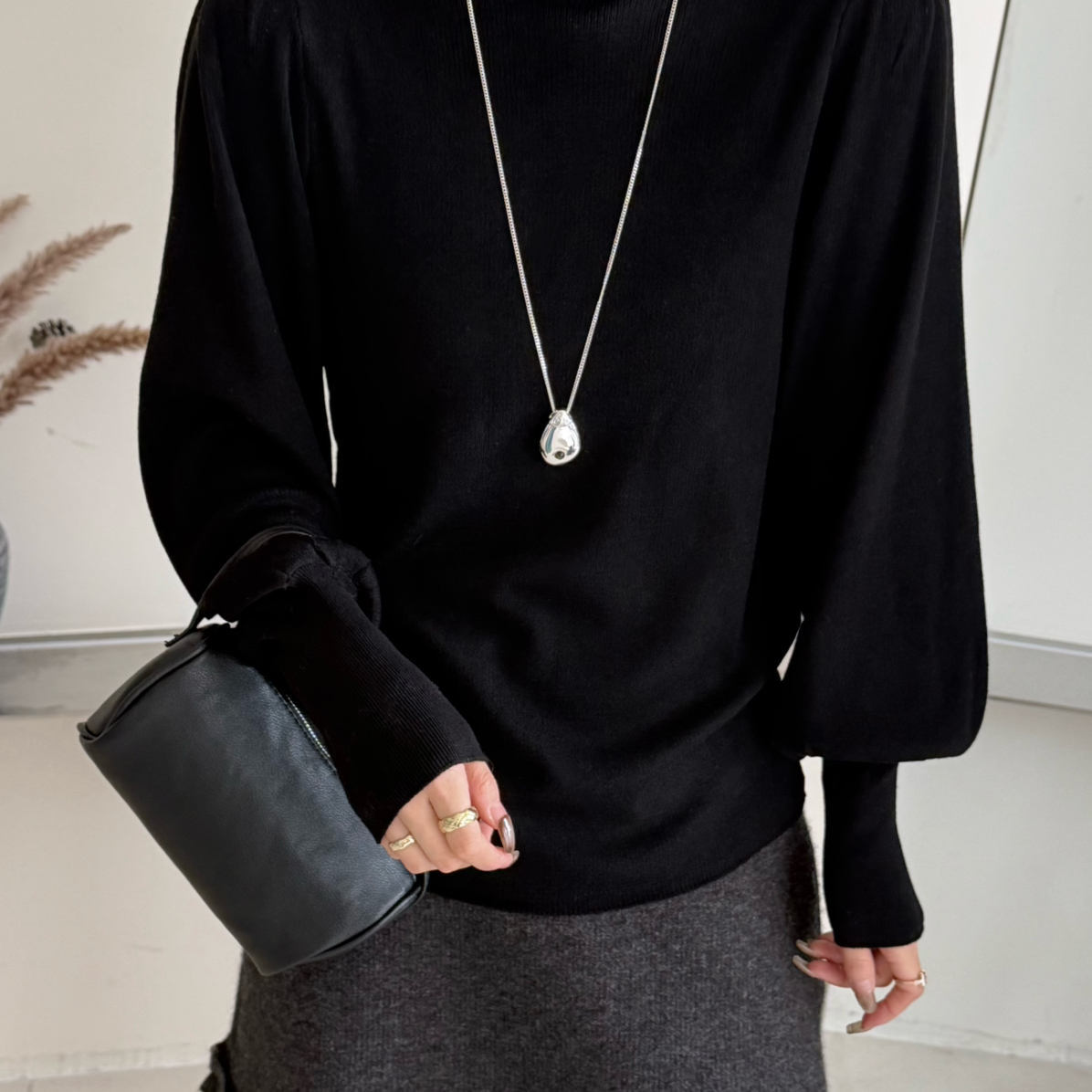 B媞宝-毛版韩系百搭时髦泡泡袖设计感针织衫（含3.7绵羊毛）52173