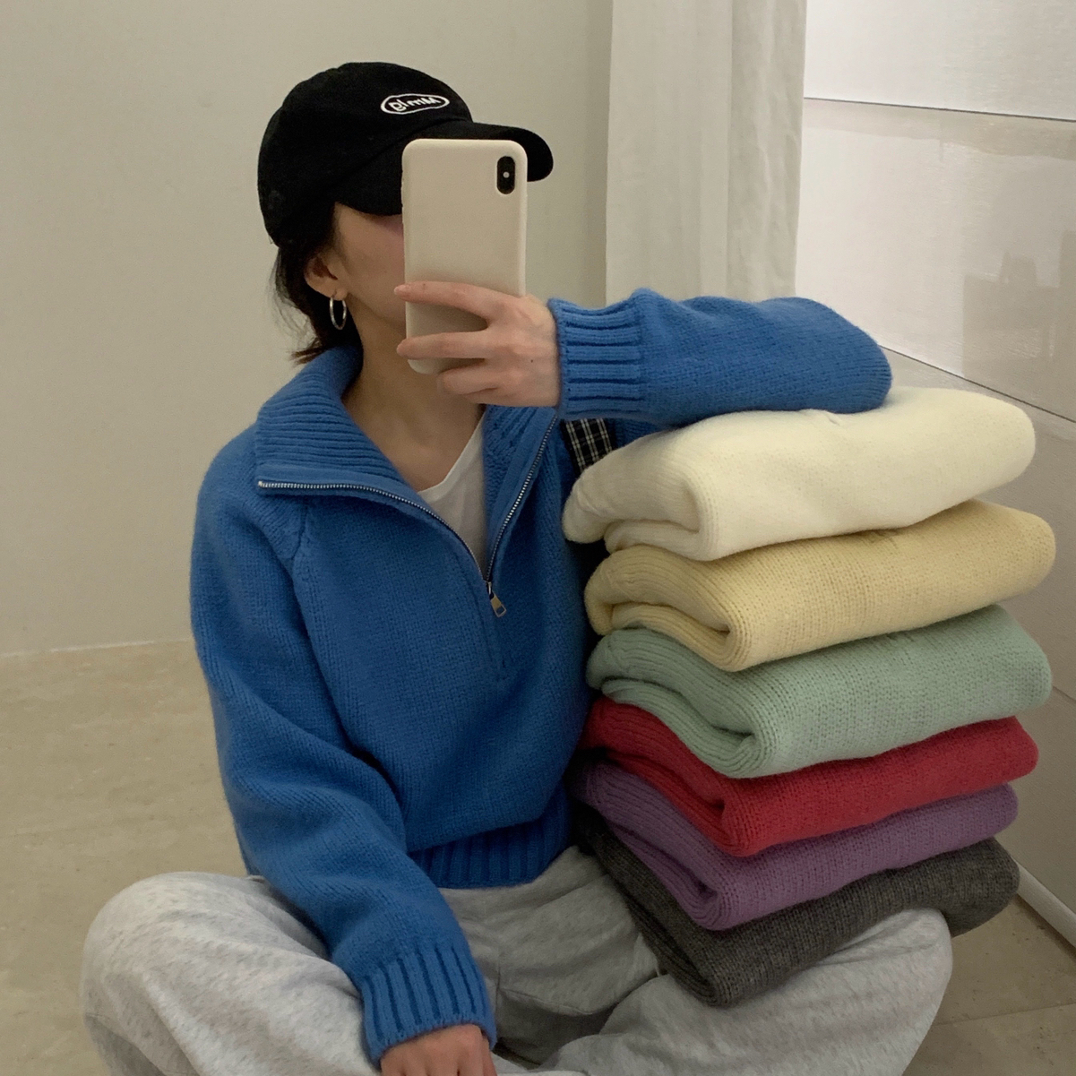 Find Time爆款韩系百搭半拉链纯色套头保暖毛衣L60683