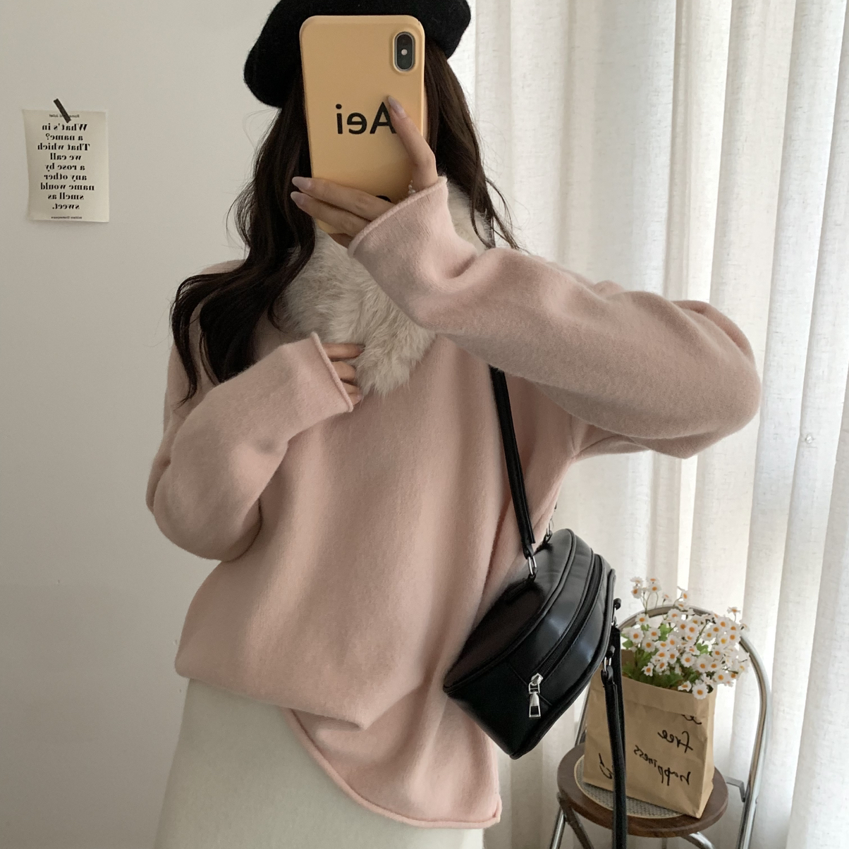 Loti-Fo-冬上新毛毛围脖纯色宽松保暖毛衣(配可拆仿毛毛领)M55942