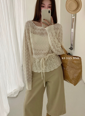 KS DAN.BNH-款新款韩系抽绳系带收腰显瘦上衣圆领镂空针织衫85632
