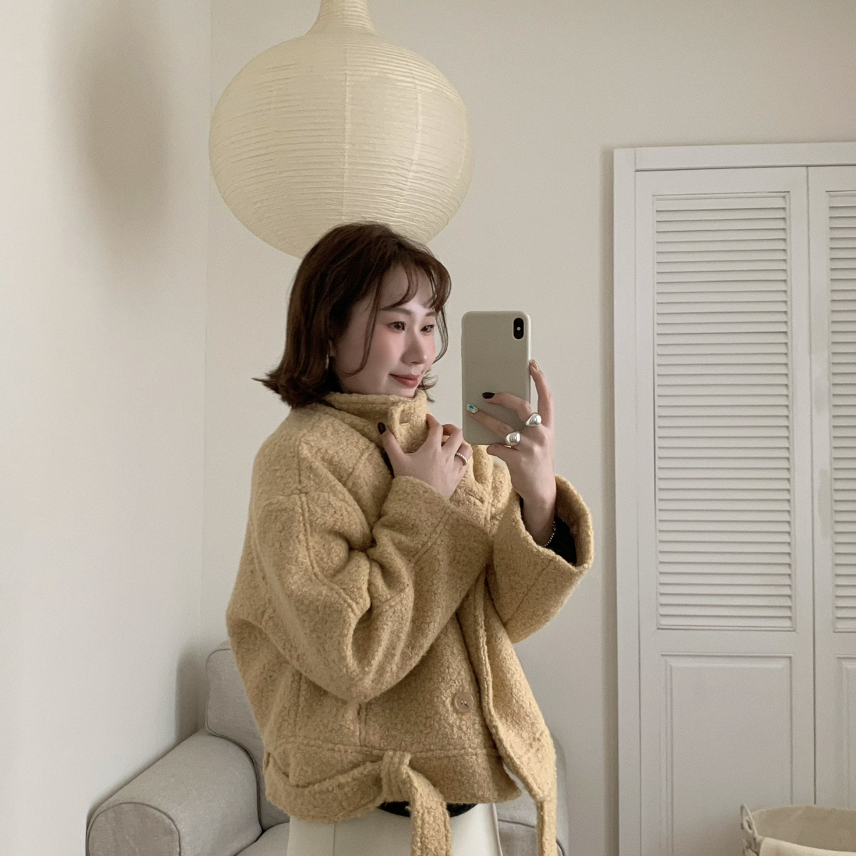 Flower & April-冬新款小个子廓形呢子加厚短外套(配腰绳)160865