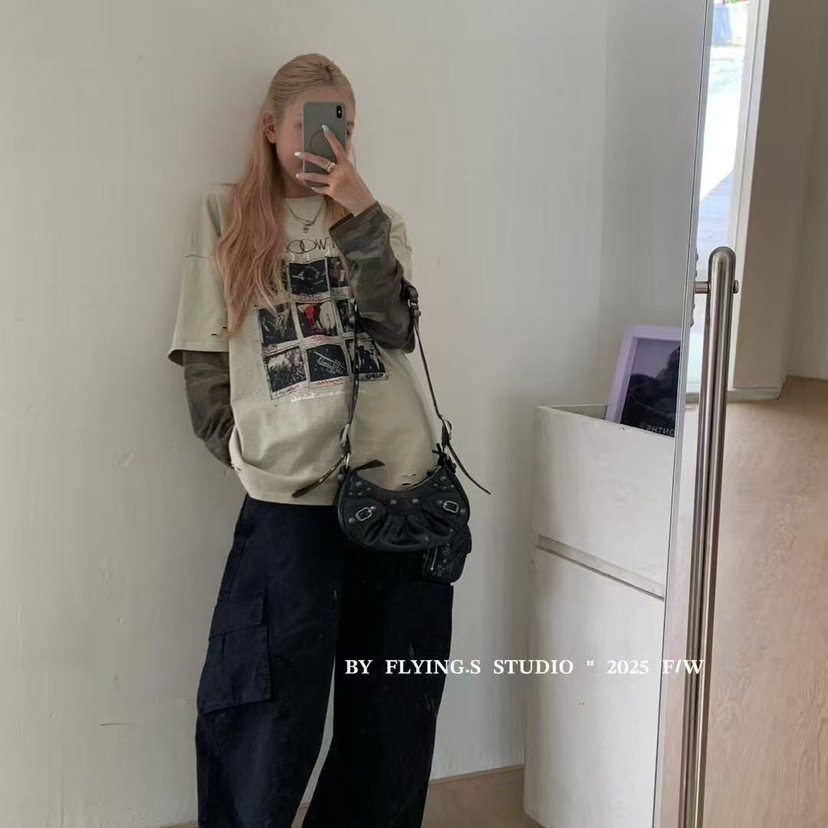 FLYINGS早秋上新美式复古迷彩拼接洗水长袖T恤YY9916