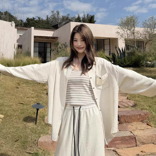 抽绳松紧腰半身裙三件套套装 条纹背心 F8809 感休闲百搭衬衫 简优
