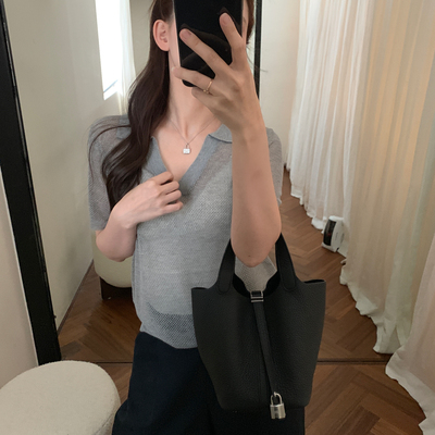 Dumpling.饺子家-小V领薄款短袖针织衫(不含背心+丝巾)007-26005