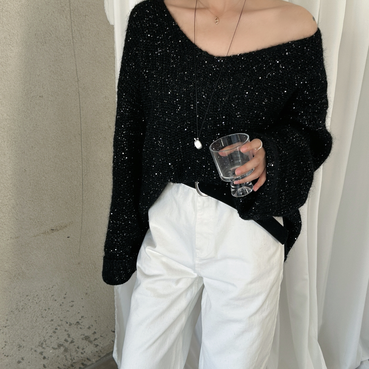 Flowless-冬上新亮片马海毛v领保暖毛衣（含54.7马海毛）m1856