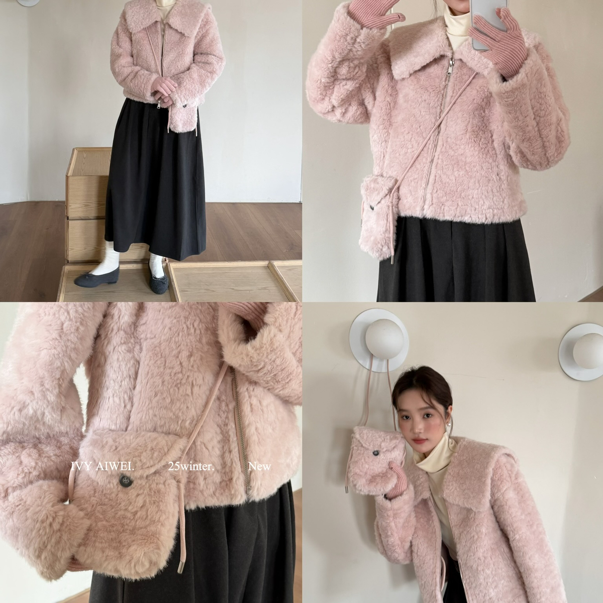 艾薇-韩系大翻领毛毛短外套(配包包)83102