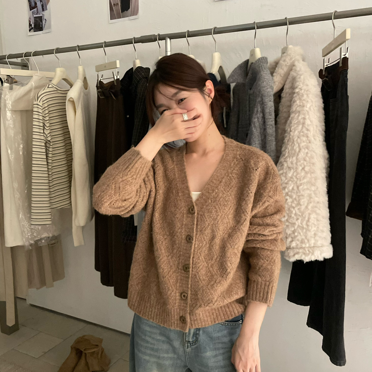 ITTIN-绒韩系温柔复古V领软糯开衫保暖毛衣（含5羊毛）10591-AW25
