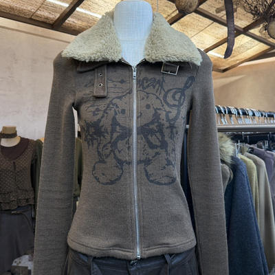 MOST-冬上新复古美式印花修身拉链短外套(配可拆仿毛毛领)905221