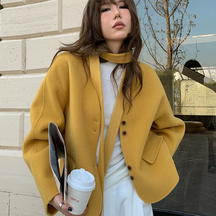 NDO! STUDIO-新气质V领百搭羊毛外套(配飘带)（含100羊毛）OM2133