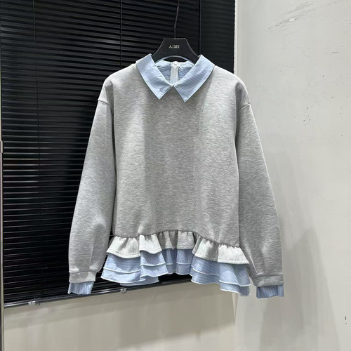 AIMI-秋上新重工拼接翻领条纹拼接假两件卫衣1350
