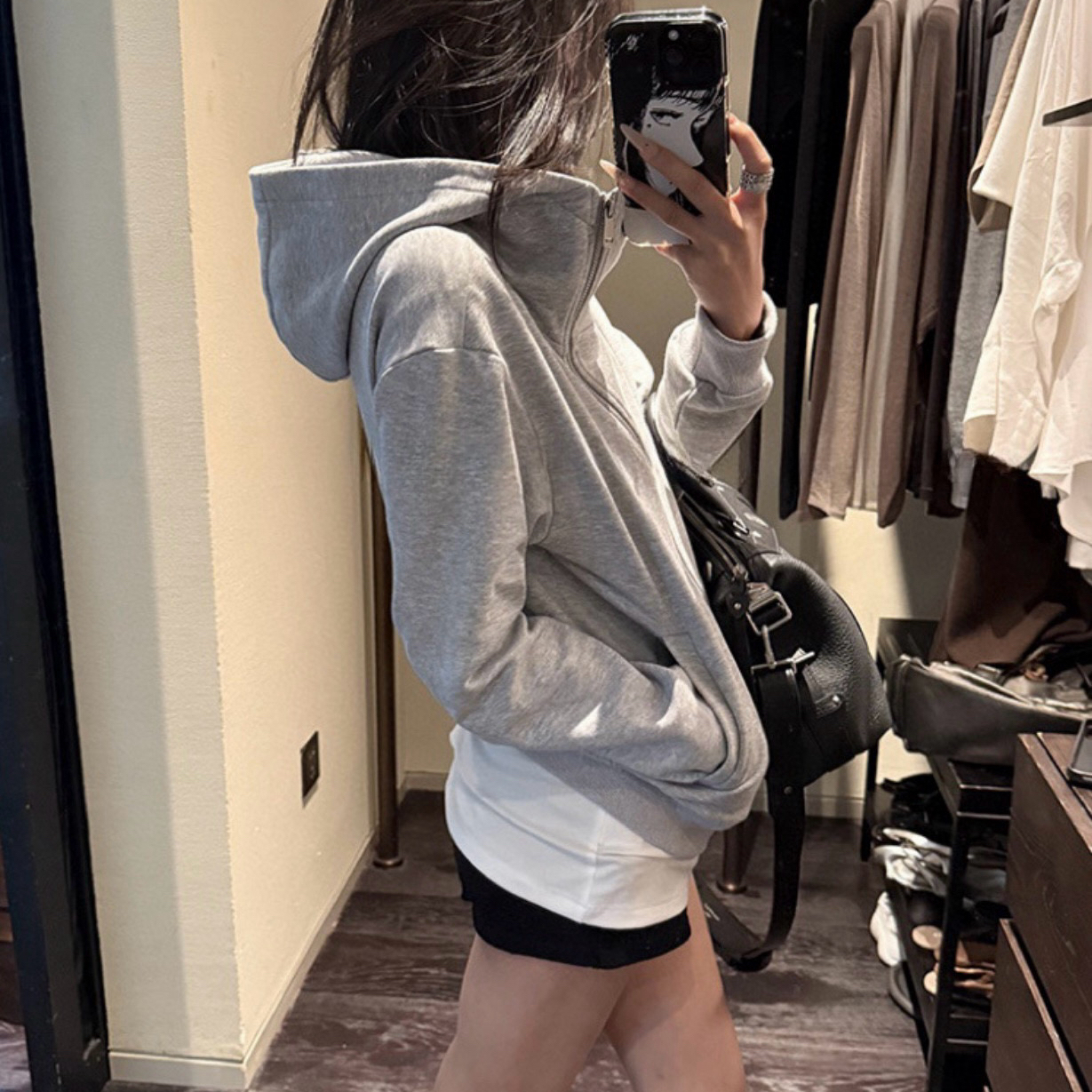 WGWE美式时髦净版斜拉链连帽卫衣开衫女百搭短款拉链短外套W7442