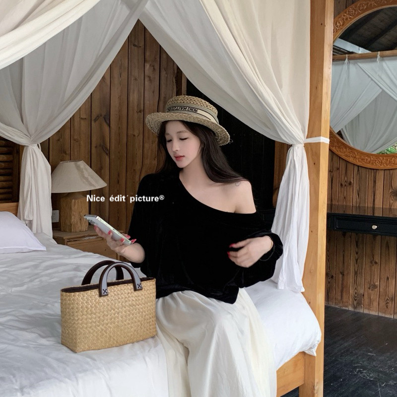 nice edit-韩系慵懒松弛露肩丝绒斗篷小衫S6326