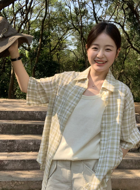 KITTIN-夏上新花边袖袢格纹休闲短袖衬衫K759#