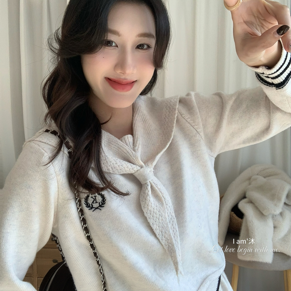 IAM沐-列韩系海军领系带针织上衣+纯色压褶松紧高腰半裙套装HH835