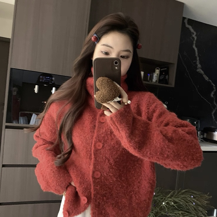 SAVAGE-年氛围感高领单排扣宽松长袖针织开衫加厚保暖毛衣A20250