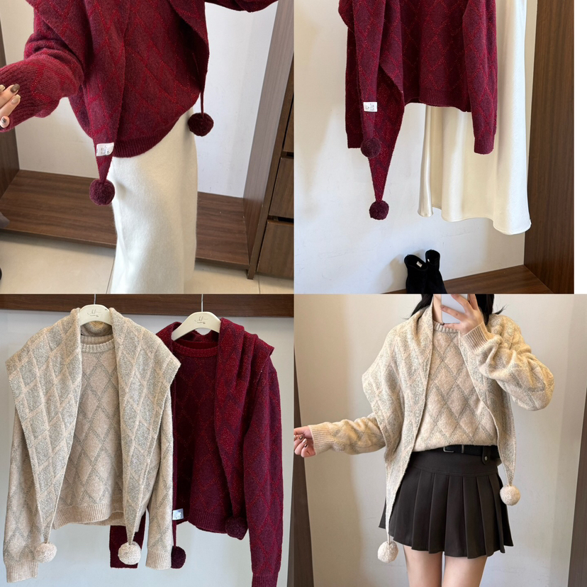 KUOSE 阔瑟-冬上新复古格纹百搭休闲保暖毛衣(配披肩)209288