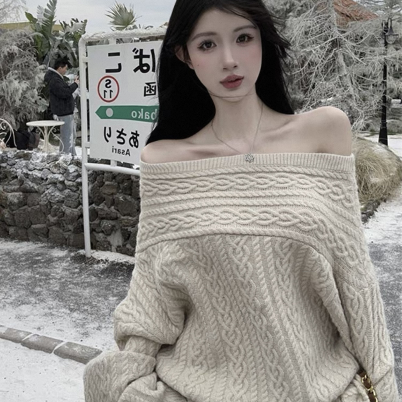 DUO MI-新慵懒松弛感麻花针织衫一字肩露肩宽松加厚保暖毛衣6182