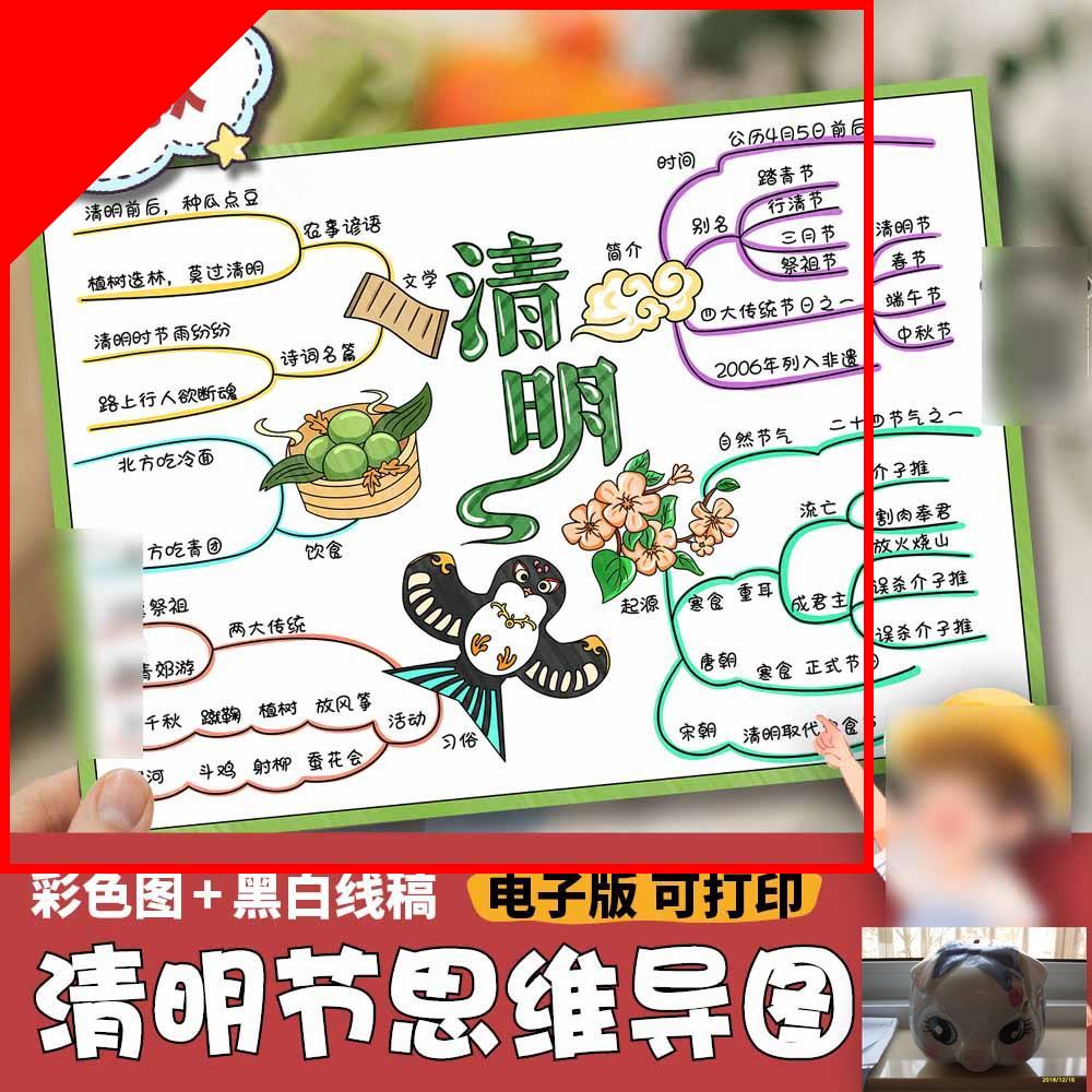 可打印中国传统节日清明节思维导图手抄报电子模板清明简介习俗祭
