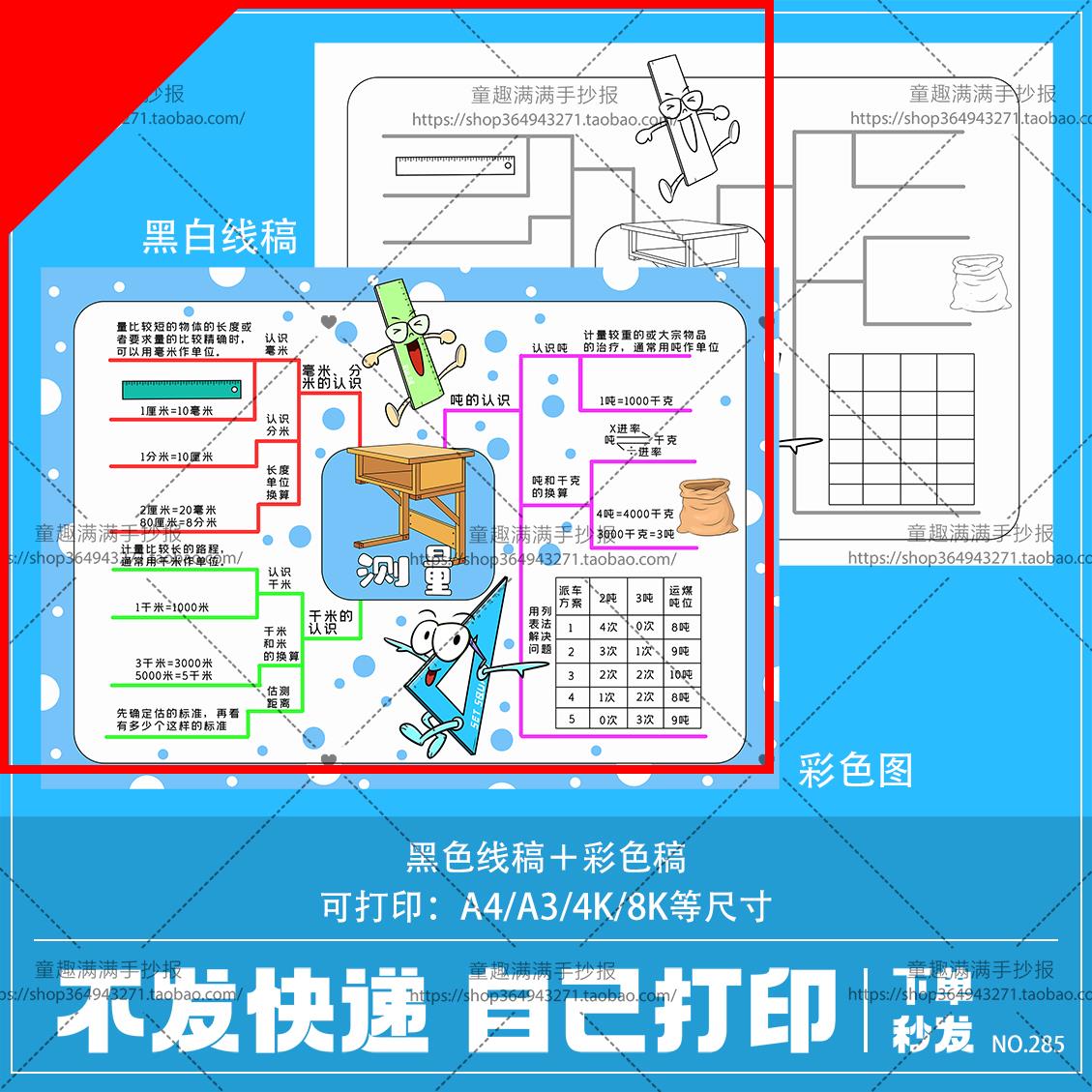 可打印小学生三年级数学测量思维导图手抄报电子版小报模板线稿线