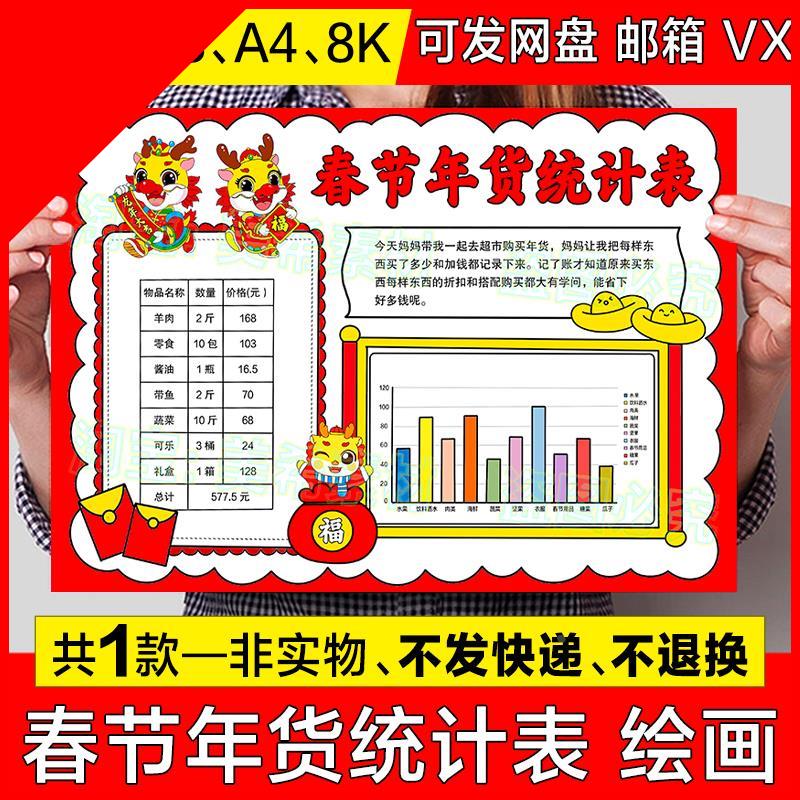 可打印2024龙年春节年货统计表儿童绘画新年中的数学消费购物清单